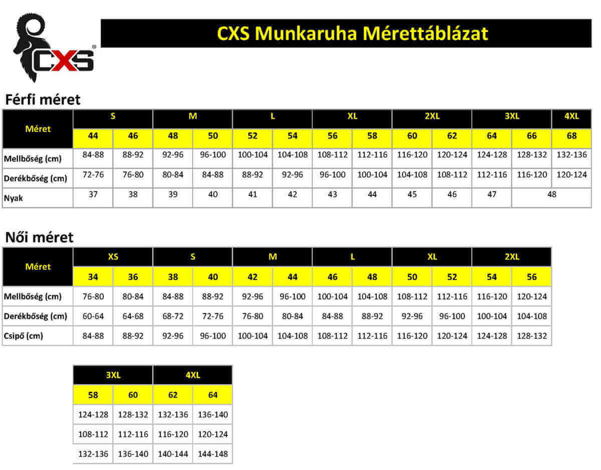CXS Munkaruha Mérettáblázat